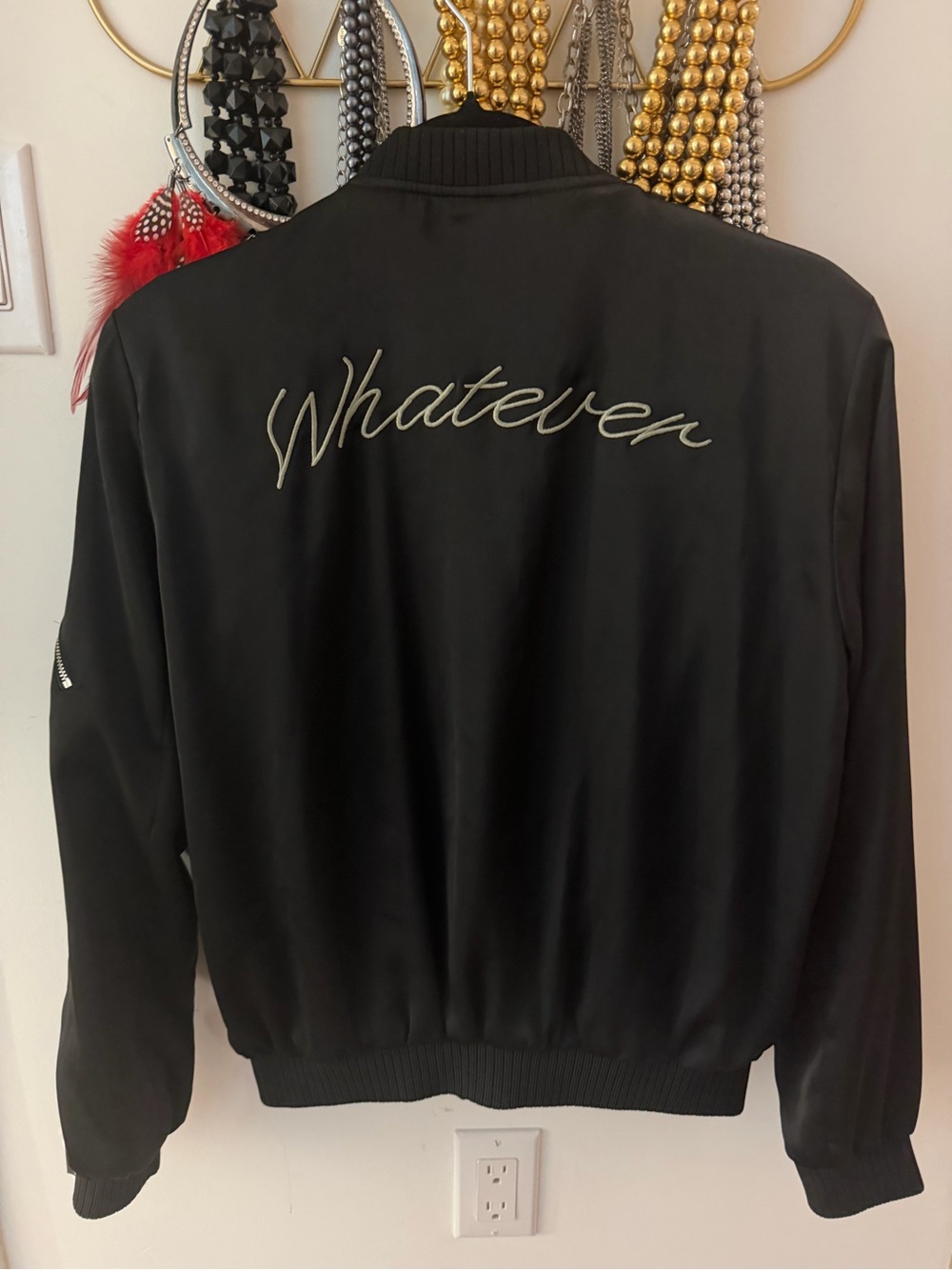 Zara TRF Brand Black Satin Bomber Jacket with "Whatever" Script & Silver Studs